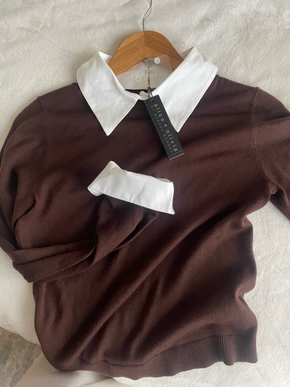 Brown wool blend sweater with removable collar and cuffs